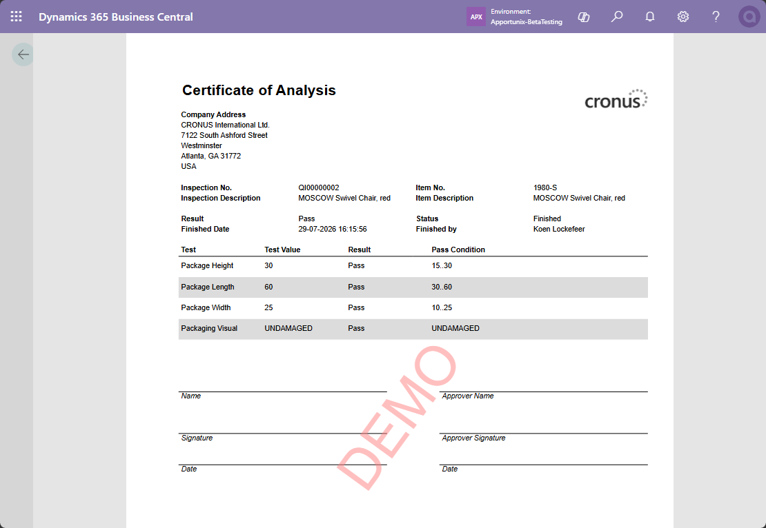 Certificate of Analysis Template Layout Sample Output
