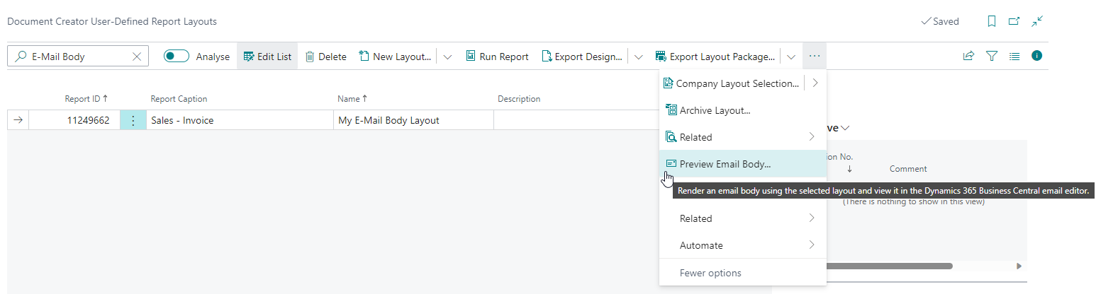 Preview Email Body Action on Report Layouts page
